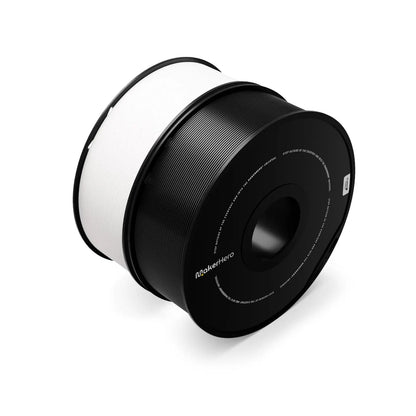 A black and white cylindrical macro lens for a camera, with focus distance markers on its side, made of MakerHero PETG filament, isolated on a white background.
