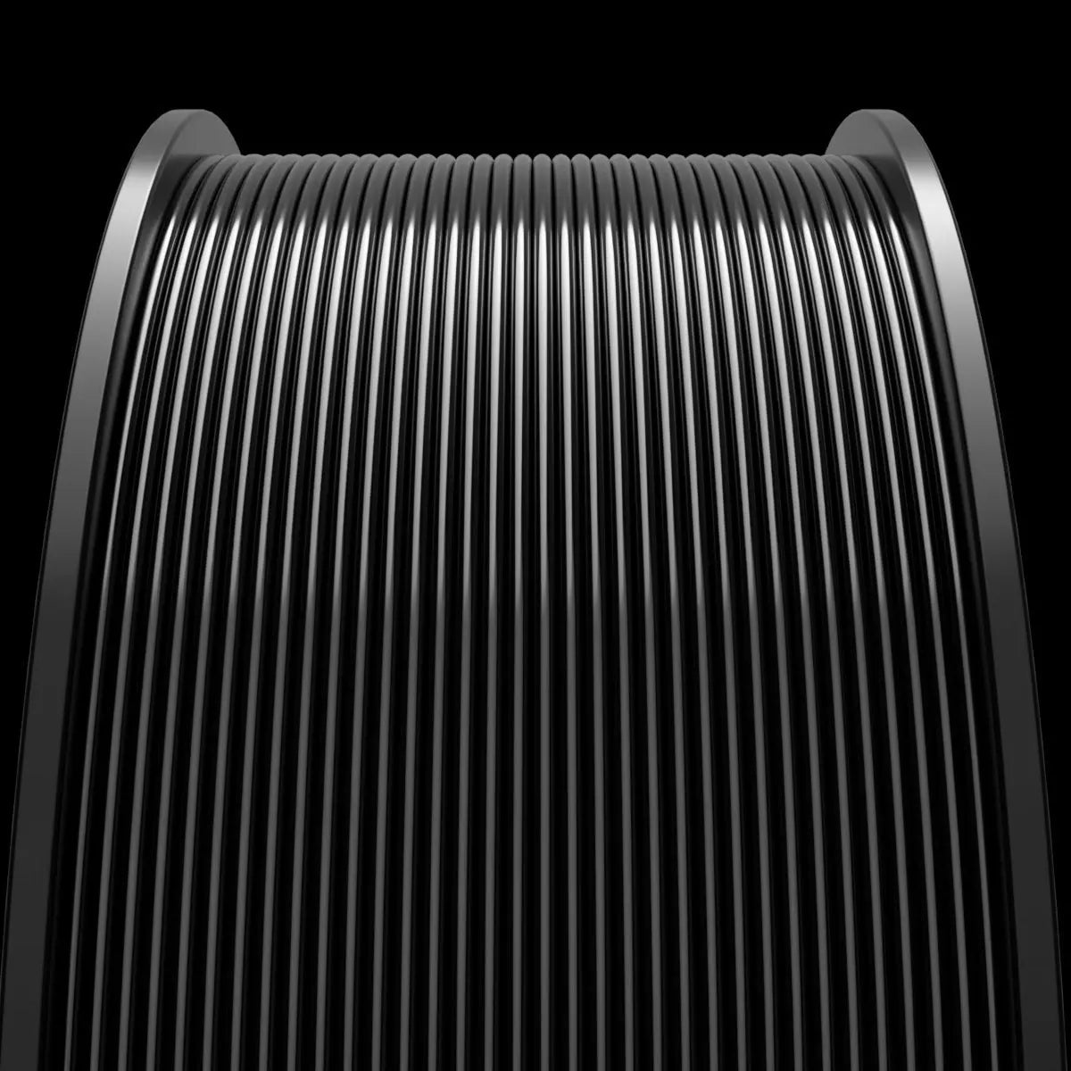 MakerHero PETG 1.75mm 3D Printing Filament coil in shades of gray with a reflective surface, tightly positioned vertical lines, viewed under a soft light against a dark background, used for functional prototypes.