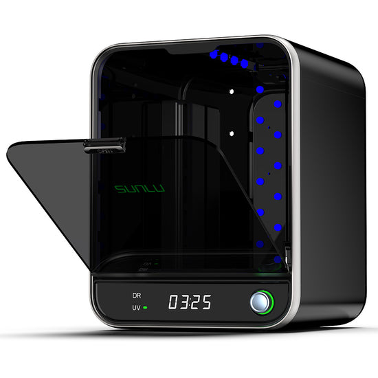 The SUNLU UV Resin Curing Box RC-2 by 3D Printing Perth - Cirrus Link is a black 3D printer with an open front door, a digital screen showing "03:25," and blue LED lights, featuring 360° Curing Surround technology for efficient UV resin curing.