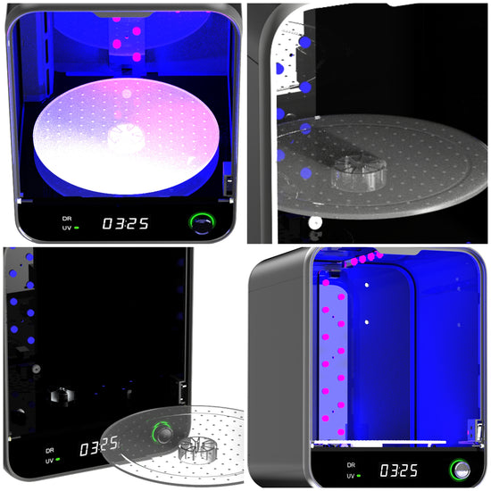 The SUNLU UV Resin Curing Box RC-2 - 2nd Gen from 3D Printing Perth - Cirrus Link features a transparent cover, circular platform with blue and pink lighting, and 360° Curing Surround technology. Its control panel displays "0325," ensuring precise operations.