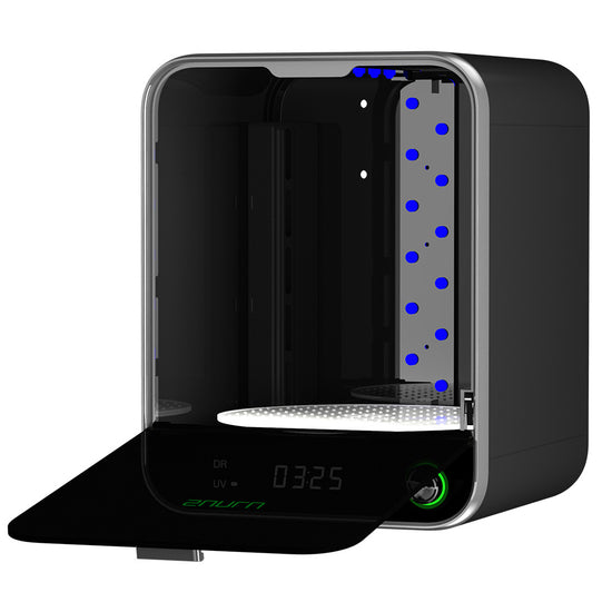 A SUNLU UV Resin Curing Box RC-2 - 2nd Gen from 3D Printing Perth - Cirrus Link, black with its door open, shows an interior designed for 360° curing with blue light indicators and a digital display reading "3:25.