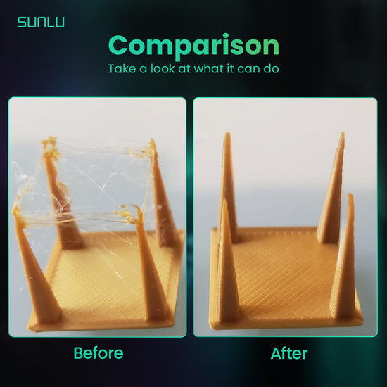 Side-by-side comparison of two 3D printed objects. The "Before" image shows stringing and imperfections, while the "After" image, achieved by utilizing the SUNLU S4 FilaDryer: 4-Bay Filament Drying Solution, appears smooth and clean.