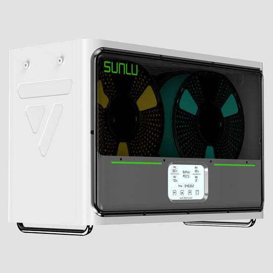 A white SUNLU S4 FilaDryer box contains four spools and a front control panel for precise settings, guaranteeing optimal filament drying for seamless multi-color printing.