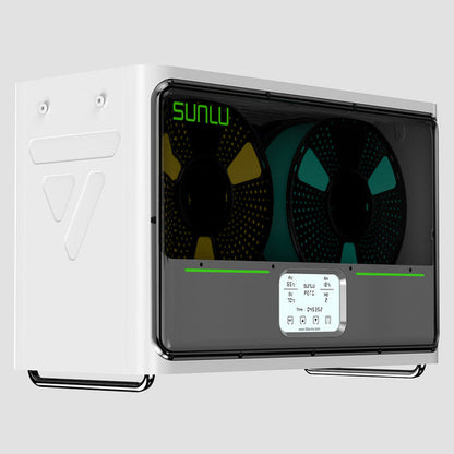 A white SUNLU S4 FilaDryer box contains four spools and a front control panel for precise settings, guaranteeing optimal filament drying for seamless multi-color printing.