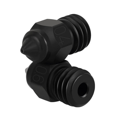 Two black 3D printer nozzles with hexagonal bodies and threaded ends against a white background illustrate precision and durability. Ideal for users of the Hardened die steel Nozzle for Creality Ender-3 CR-6 by 3D Printing Perth - Cirrus Link, these components enhance your 3D printing experience.