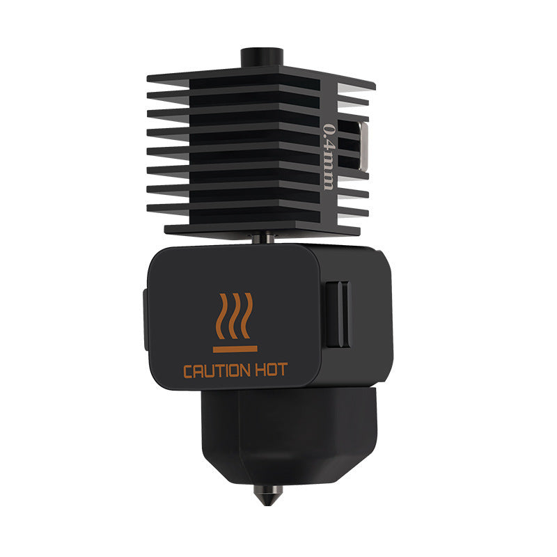 A black extruder from 3D Printing Perth - Cirrus Link, featuring advanced temperature management and a heat sink with a 0.4mm nozzle, includes an orange caution symbol with the text "Caution Hot" on the front. It's compatible with the Bambu Lab A1 Mini Hotend (49x165x21mm) for efficient 3D printing.