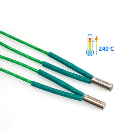 Two green wired temperature sensors with metal tips, marked “240°C” beside a thermometer icon, ideal for use with the Voron Green 24V 50W/65W 15cm Heating Rod by 3D Printing Perth - Cirrus Link, ensuring high heat resistance.