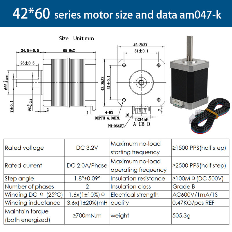 Specifications and diagram for the 42 Stepper Motor (60mm height, 1.8° step angle), model AM047-K, from 3D Printing Perth - Cirrus Link include dimensions, voltage, resistance, inductance, mechanical details, motor image, and cable. Ideal for 3D printers.