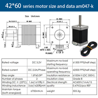 Specifications and diagram for the 42 Stepper Motor (60mm height, 1.8° step angle), model AM047-K, from 3D Printing Perth - Cirrus Link include dimensions, voltage, resistance, inductance, mechanical details, motor image, and cable. Ideal for 3D printers.