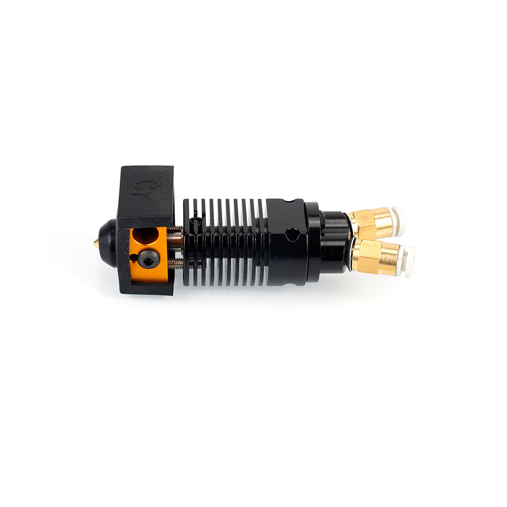 Two Color 2 in 1 Out Mixing Extruder for CR10 and Ender 3 by 3D Printing Perth - Cirrus Link, featuring a dual input nozzle assembly with cooling fins for multi-color prints on a white background.