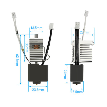 Two mechanical components ideal for setups like the Anycubic Kobra 3, featuring a hardened die steel nozzle with heat sinks and wires. Dimensions: 62.5x35mm and 15.5x24mm both with a width of 28mm, by 3D Printing Perth - Cirrus Link. Perfect for seamless integration into your printing projects.