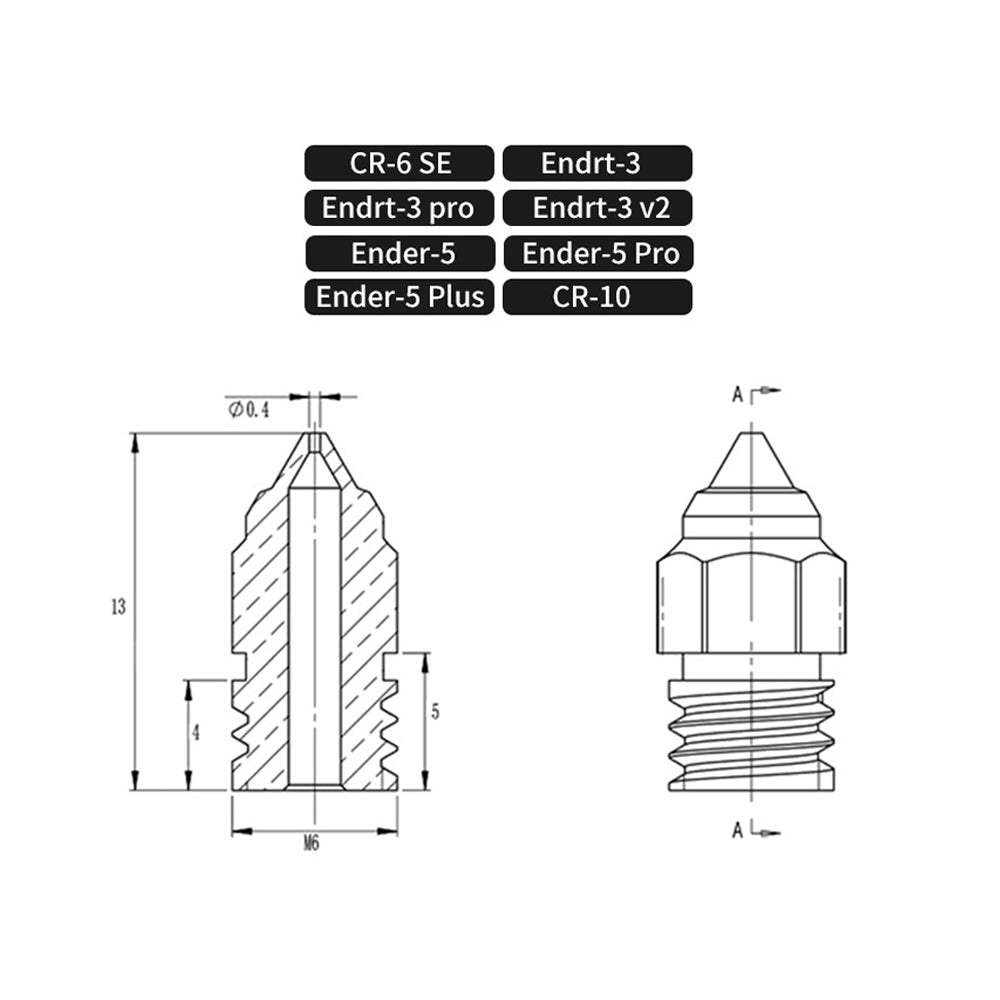 A technical drawing of a 3D printer nozzle features models such as CR-6 SE, Ender-3 pro, Ender-5, and CR-10. It details dimensions and a cross-section, showcasing the precision and durability of the "Hardened Die Steel Nozzle for Creality Ender-3 CR-6" by 3D Printing Perth - Cirrus Link for exceptional 3D printing.