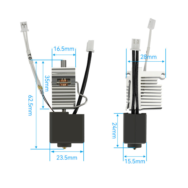 A pair of technical images depicting the Anycubic Kobra 3 Brass 0.4mm Nozzle with Heat Sink by 3D Printing Perth - Cirrus Link, featuring precise millimeter markings, wires, and a metal heat sink for perfect compatibility with your printer.