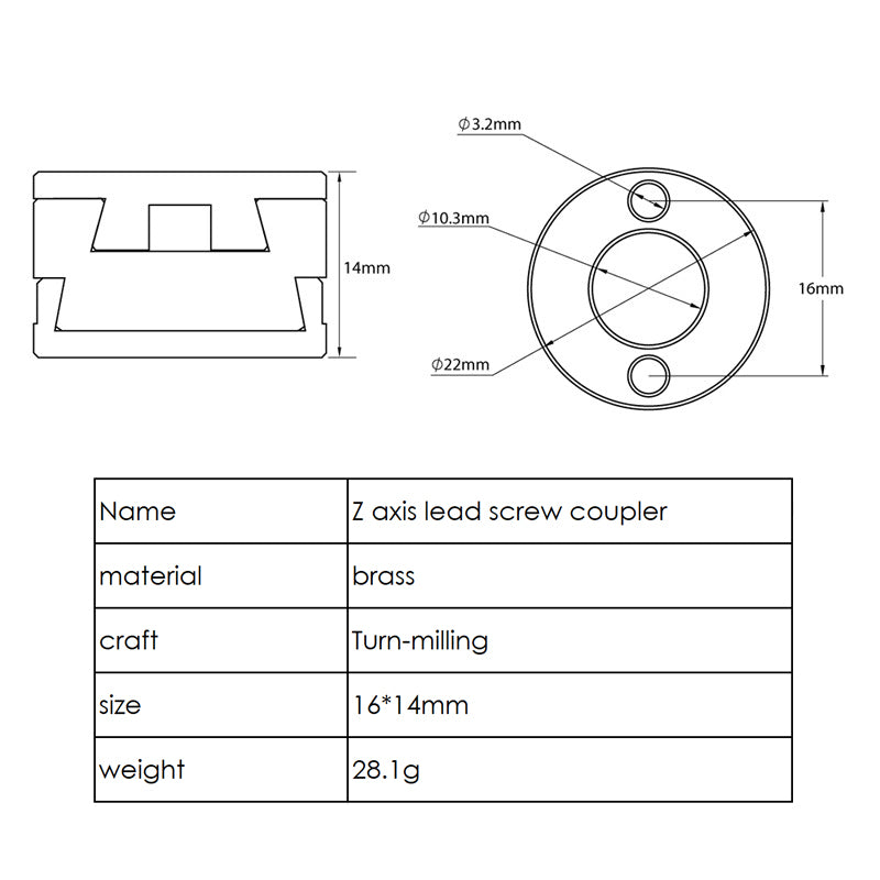 Technical drawing of the Oldham Coupler and T8 Z-Axis Screw Upgrade for Ender 3 BLV Correction by 3D Printing Perth - Cirrus Link, showing labeled dimensions and a table with brass material, turn-milling craft, 16*14mm size, and 28.1g weight.
