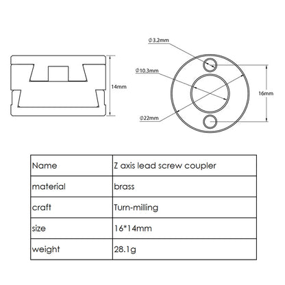 Technical drawing of the Oldham Coupler and T8 Z-Axis Screw Upgrade for Ender 3 BLV Correction by 3D Printing Perth - Cirrus Link, showing labeled dimensions and a table with brass material, turn-milling craft, 16*14mm size, and 28.1g weight.