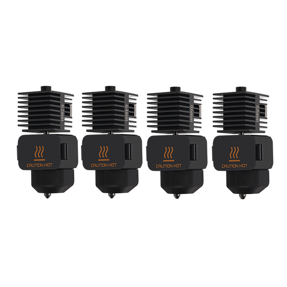 Four identical black 3D printer extruder heads with "Caution Hot" labels are aligned side by side, equipped with advanced temperature management for optimal performance. The Bambu Lab A1 Mini Hotend 49x165x21mm, from the brand 3D Printing Perth - Cirrus Link, is perfect for precision tasks and ensures efficient 3D printing with consistent quality throughout.