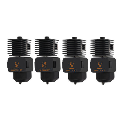 Four identical black 3D printer extruder heads with "Caution Hot" labels are aligned side by side, equipped with advanced temperature management for optimal performance. The Bambu Lab A1 Mini Hotend 49x165x21mm, from the brand 3D Printing Perth - Cirrus Link, is perfect for precision tasks and ensures efficient 3D printing with consistent quality throughout.
