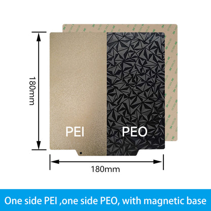 The PEI PEO Dual-Sided 3D Printer Build Surface by 3D Printing Perth - Cirrus Link measures 180mm by 180mm, offering a textured hot bed platform for optimal adhesion. It features one side labeled PEI and the other PEO, along with a convenient magnetic base for easy print removal.