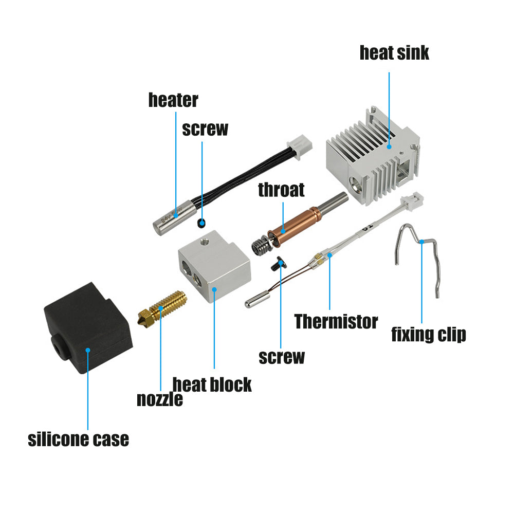 Diagram of 3D Printing Perth - Cirrus Link's Anycubic Kobra 3 Brass 0.4mm Nozzle with Heat Sink, detailing its components including the heater, screws, throat, thermistor, fixing clip, heat block, and silicone case with labels.