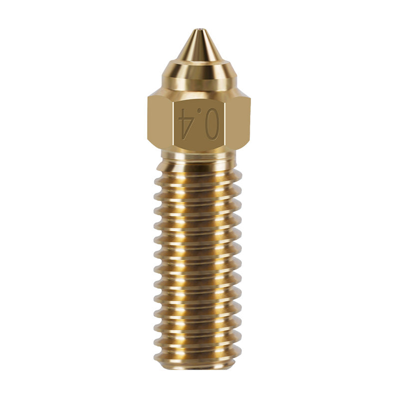 The 3D Printing Perth - Cirrus Link Brass Nozzle for Creality K1/K1 Max suits 1.75mm filament, has a 0.4mm thread, hexagonal center, and pointed tip; shown vertically.