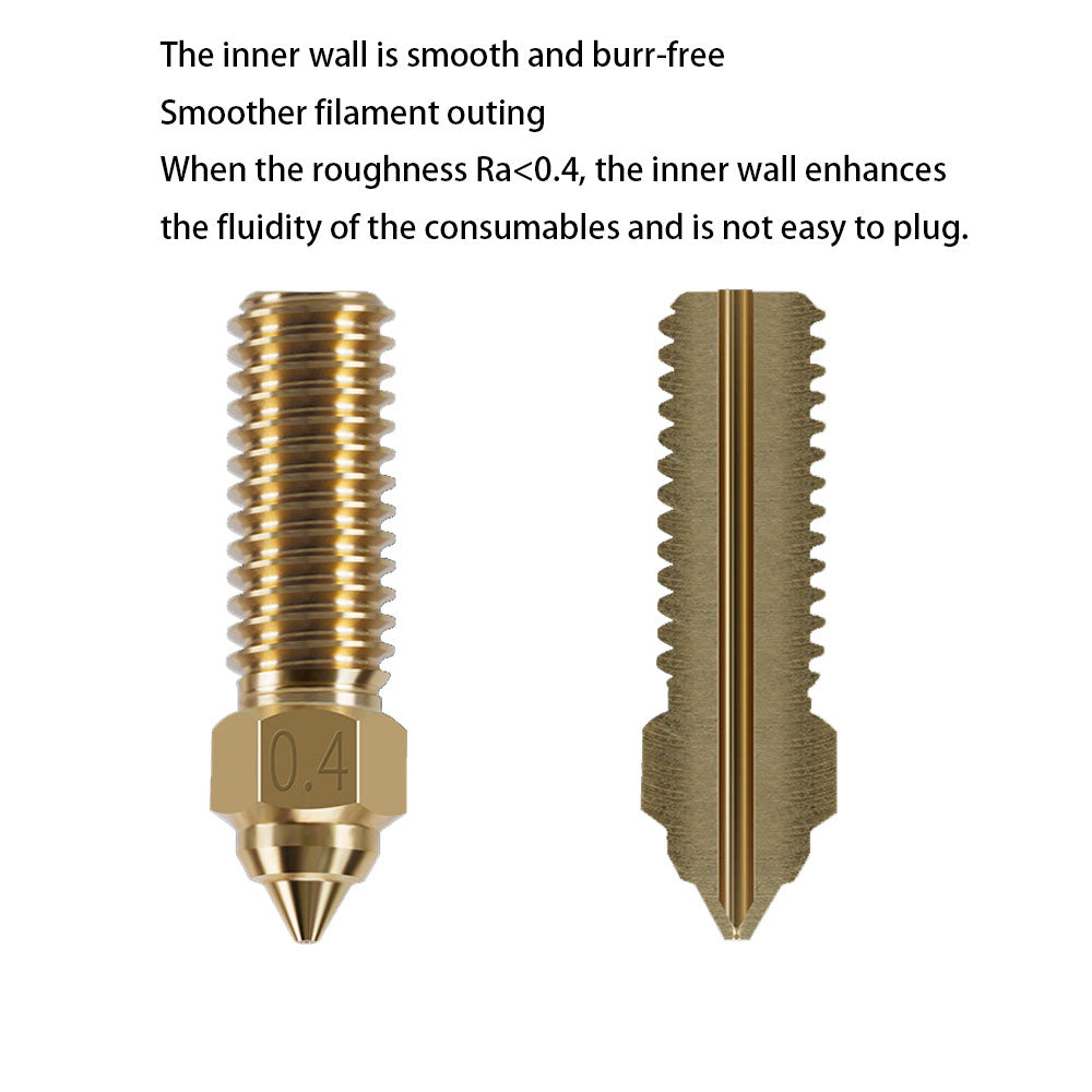 Two Brass Nozzles for Creality K1/K1 Max by 3D Printing Perth - Cirrus Link are shown: one whole and one cross-sectioned to highlight the smooth, burr-free inner wall for improved 1.75mm filament flow and enhanced nozzle performance.