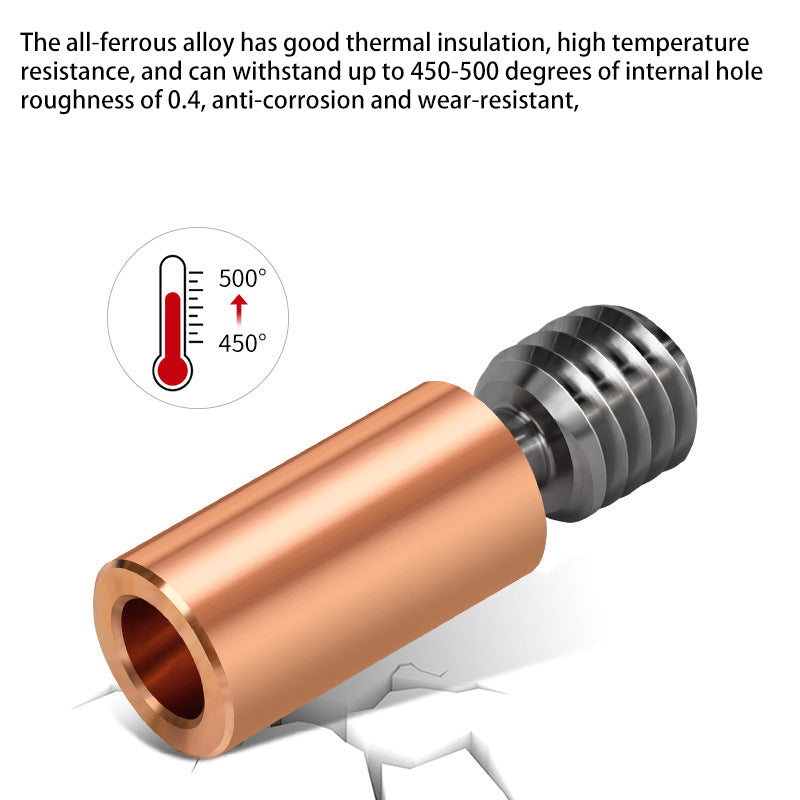 The Flying Bear Ghost 5/6 Titanium Red Copper Throat by 3D Printing Perth - Cirrus Link is a copper cylindrical alloy with an M6 gray thread end, offering high thermal insulation and temperature resistance up to 450-500 degrees; ideal for advanced 3D printing despite a visible crack.