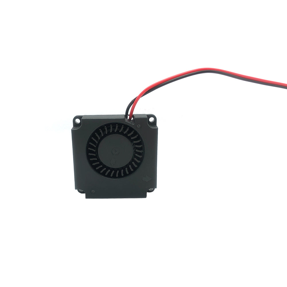 The Turbo Fan 4010, a small black fan by 3D Printing Perth - Cirrus Link, features a square casing and comes equipped with 30cm red and black electrical wires. It boasts a dual ball bearing design, making it ideal for cooling in 3D printing applications.