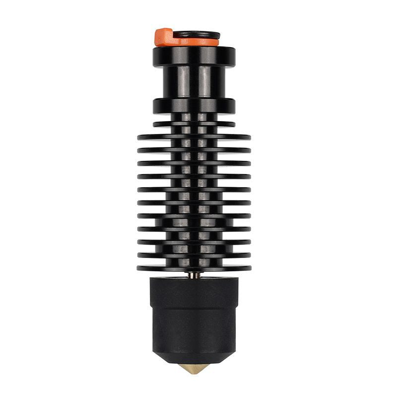 A black metal 3D printer nozzle with a ribbed design and an orange accent on top integrates seamlessly with the VORON 2.4 Prusa CHC V6 Ceramic Hot End Kit, offered by 3D Printing Perth - Cirrus Link.