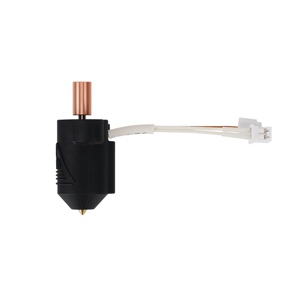 A black extruder nozzle featuring a copper connector and white cables extending from the side, designed for high-flow printing, specifically compatible with the Creality K1 K1 Max High Flow Ceramic Hotend by 3D Printing Perth - Cirrus Link.