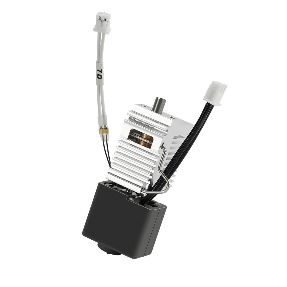 A mechanical component featuring aluminum fins, wires, a black base, connectors, and a small protruding rod, mirroring the precision of an Anycubic Kobra 3 Brass 0.4mm Nozzle with Heat Sink by 3D Printing Perth - Cirrus Link.