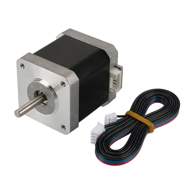 The 42 Stepper Motor from 3D Printing Perth - Cirrus Link, featuring a metal shaft and multicolored cable coiled with a rubber band, sits on a white background. This 48mm height motor with a 1.8 degree step angle is perfect for precise tasks in 3D printers.