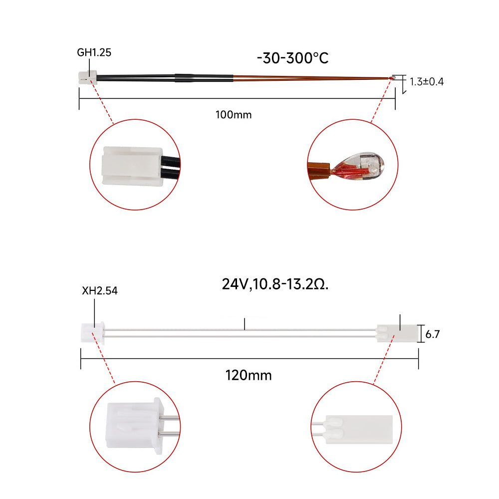 Discover two precise temperature sensors: The GH1.25 operates from -30 to 300°C and measures 100mm, while the XH2.54 supports 24V with a resistance of 10.8-13.2Ω at 120mm length—ideal for Bambu Lab X1C P1P Extruder V2.0 by 3D Printing Perth - Cirrus Link with a hardened steel hot end upgrade.