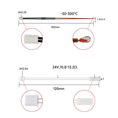 Discover two precise temperature sensors: The GH1.25 operates from -30 to 300°C and measures 100mm, while the XH2.54 supports 24V with a resistance of 10.8-13.2Ω at 120mm length—ideal for Bambu Lab X1C P1P Extruder V2.0 by 3D Printing Perth - Cirrus Link with a hardened steel hot end upgrade.