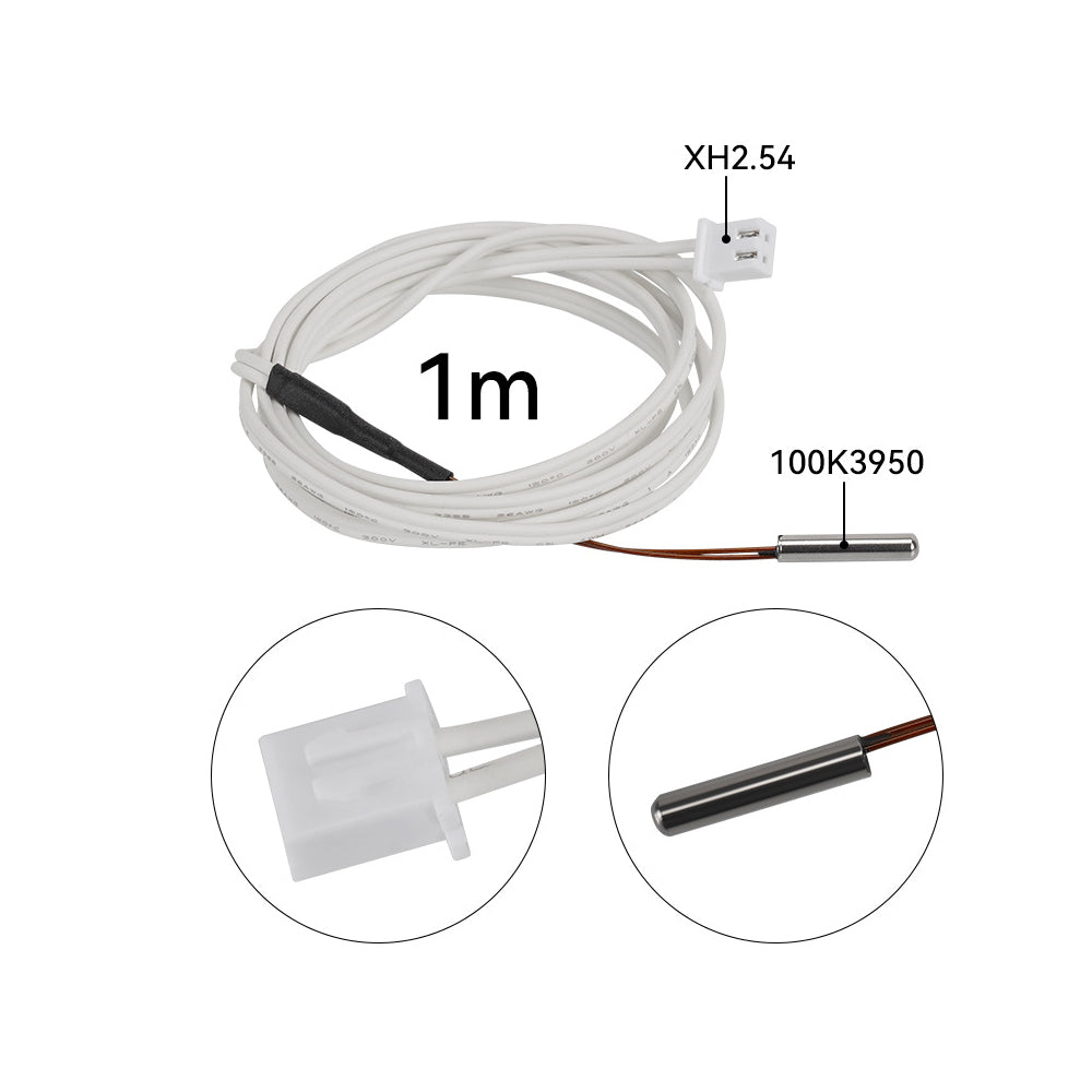 The 3D Printing Perth - Cirrus Link Dumet Wire Thermistor offers a 1-meter white cable with an XH2.54 connector and a 100K3950 sensor for precise temperature control in 3D printing, complete with close-up views of the components for detailed assessment.