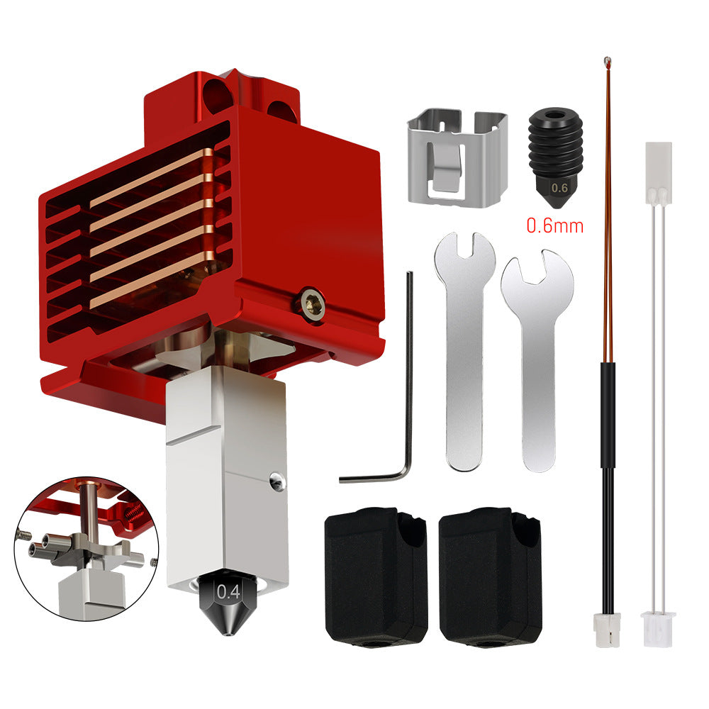 The Bambu Lab X1 Series 30 Upgrade Hotend by 3D Printing Perth - Cirrus Link features a red heat sink, 0.4mm and 0.6mm nozzles, wrenches, screws, and accessories on a white background—ideal for boosting X1 series printers' performance.