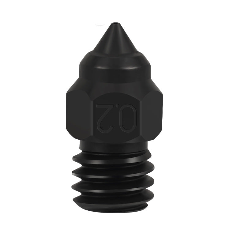 Close-up of a black 3D printer nozzle with pointed tip and threaded base, marked "0.2", highlighting the precision and durability of the 3D Printing Perth - Cirrus Link Hardened Die Steel Nozzle for Creality Ender-3 CR-6, ensuring exceptional 3D printing results.