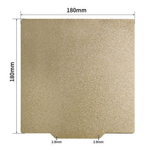 Square gold plate, measuring 180mm by 180mm, with high-temperature resistance and dual-sided coating. It includes two notches at the bottom, each 2.8mm wide, making it ideal for use with the Cirrus Link Double Side Coated PEI Hot Bed Platform with Magnetic Base from the Cirrus Link - 3D Printing Online Store.