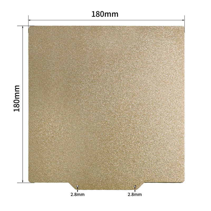 Square gold plate, measuring 180mm by 180mm, with high-temperature resistance and dual-sided coating. It includes two notches at the bottom, each 2.8mm wide, making it ideal for use with the Cirrus Link Double Side Coated PEI Hot Bed Platform with Magnetic Base from the Cirrus Link - 3D Printing Online Store.