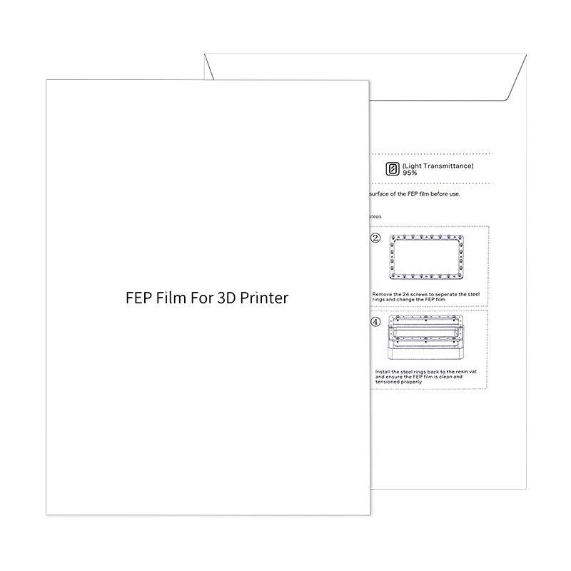 The packaging envelope for the "FEP Film 0.15mm 260x200mm for Anycubic M3 PLUS Resin Printer SLA UV 3D Printers" from the brand 3D Printing Perth - Cirrus Link prominently showcases its suitability for use with SLA UV 3D printers, with illustrated instructions highlighting its high UV light transmission capabilities.