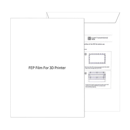 The packaging envelope for the "FEP Film 0.15mm 260x200mm for Anycubic M3 PLUS Resin Printer SLA UV 3D Printers" from the brand 3D Printing Perth - Cirrus Link prominently showcases its suitability for use with SLA UV 3D printers, with illustrated instructions highlighting its high UV light transmission capabilities.