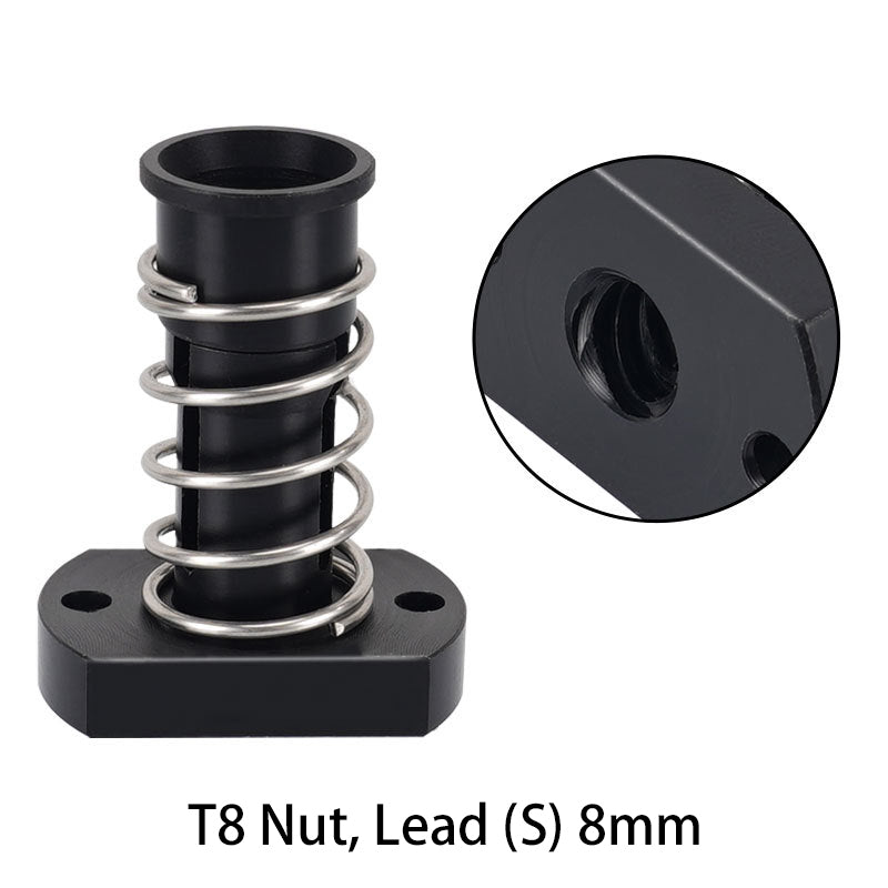 ASR H-Type T8 Lead Screw Nut in 2mm or 8mm pitch, with flexible black design, metal spring, and mounting base—perfect for Z-axis upgrades on your 3D printer. Close-up inset shows precise internal threading.