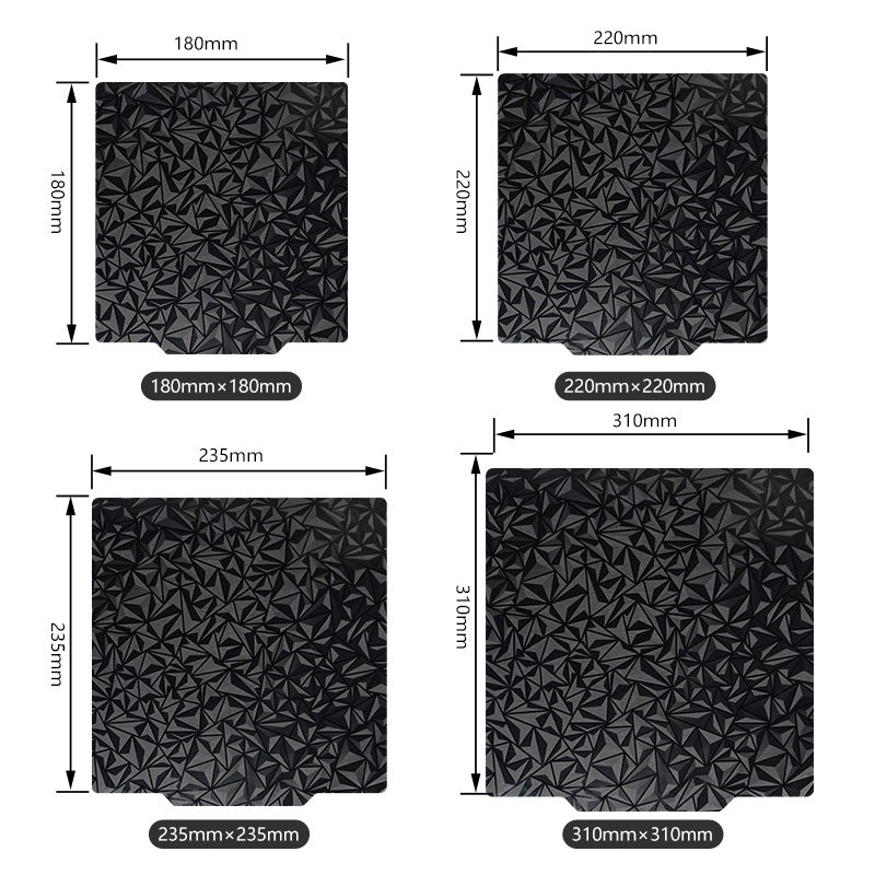 The PEI PEO Dual-Sided 3D Printer Build Surface by 3D Printing Perth - Cirrus Link offers four textured black squares with precise dimensions: 180x180mm, 220x220mm, 235x235mm, and 310x310mm. Each square features a geometric pattern that enhances adhesion and facilitates easy print removal, making it ideal for PEI/PEO hot bed platforms.