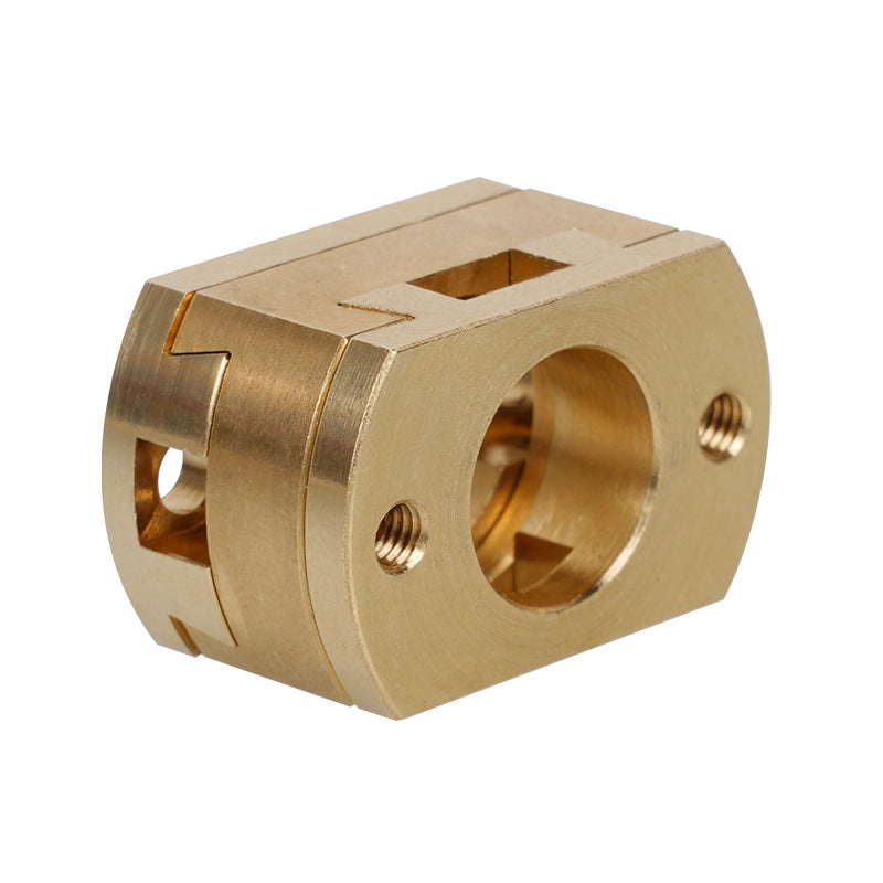 The Oldham Coupler T8 Z Axis Screw Upgrade by 3D Printing Perth - Cirrus Link for BLV Ender 3 Creality machines is a rectangular brass component with a large central hole, two side holes, and cutouts, shown isolated on a white background.