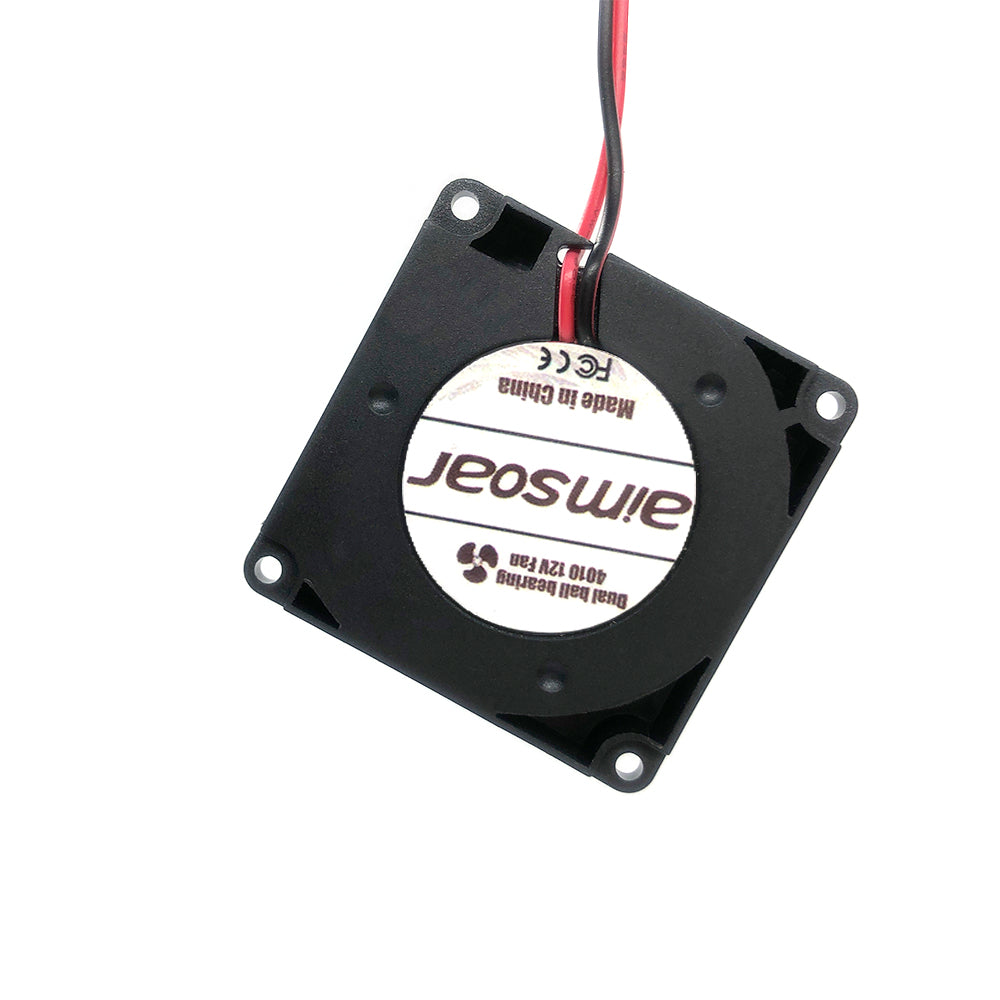 The Turbo Fan 4010 by 3D Printing Perth - Cirrus Link is a compact black cooling fan, ideal for 3D printing applications. It features dual ball bearings and comes with a label displaying the brand and product details. For easy installation, it is equipped with red and black wires.