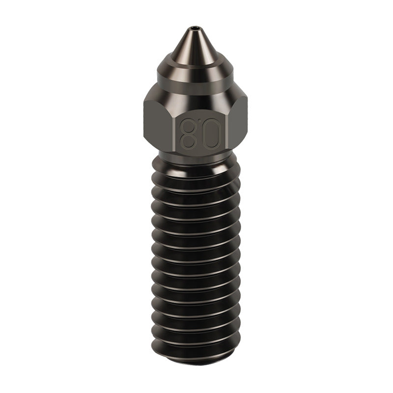 A close-up of a 3D Printing Perth - Cirrus Link Hardened Steel Nozzle for Creality K1/K1 Max, with threaded body, pointed tip, and "80" mark on the hex—ideal for high-temp filament extrusion.