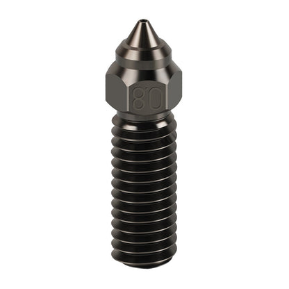 A close-up of a 3D Printing Perth - Cirrus Link Hardened Steel Nozzle for Creality K1/K1 Max, with threaded body, pointed tip, and "80" mark on the hex—ideal for high-temp filament extrusion.