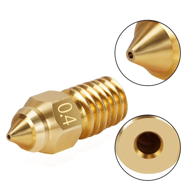 ASR Creality High-Speed Brass Nozzle – Ender/K1 Series, marked "0.4", shown with tip and opening close-ups—perfect Ender 3 nozzle upgrade for high-speed 3D printing.