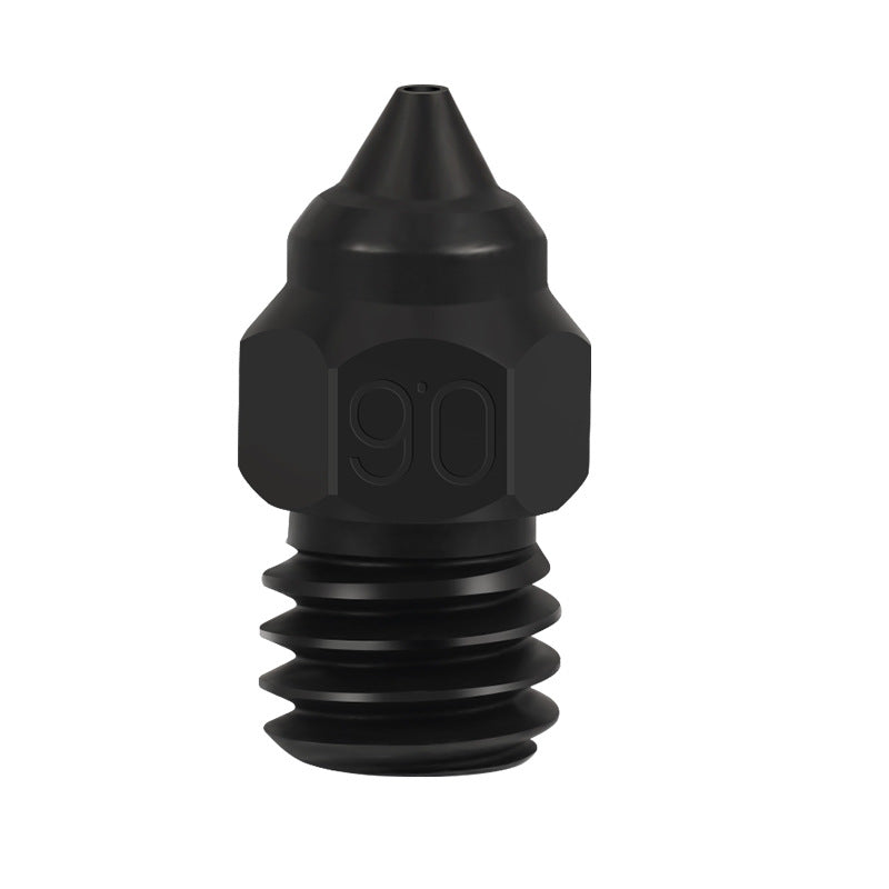 Close-up of a black, conical 3D Printing Perth - Cirrus Link Hardened Die Steel Nozzle for Creality Ender-3 CR-6 with a grooved threaded base and "90°" marking, ideal for precision and durability in 3D printing.