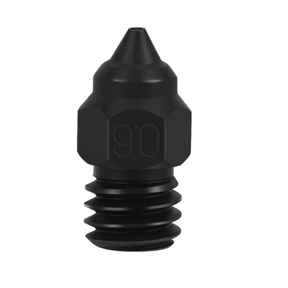 Close-up of a black, conical 3D Printing Perth - Cirrus Link Hardened Die Steel Nozzle for Creality Ender-3 CR-6 with a grooved threaded base and "90°" marking, ideal for precision and durability in 3D printing.