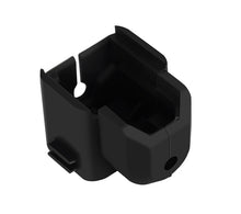 A black plastic corner bracket from 3D Printing Perth - Cirrus Link, featuring a rectangular shape and a hole on one side, is designed for structural support or assembly in 3D printing projects like those using the Bambu Lab A1 Mini Silicone Case.